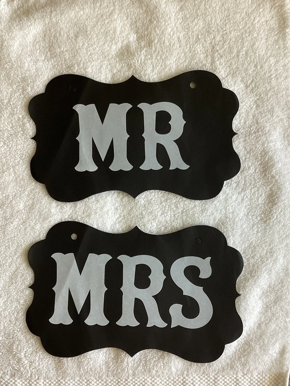 MR & MRS Black Wedding Signs - white writing (ribbon included)
